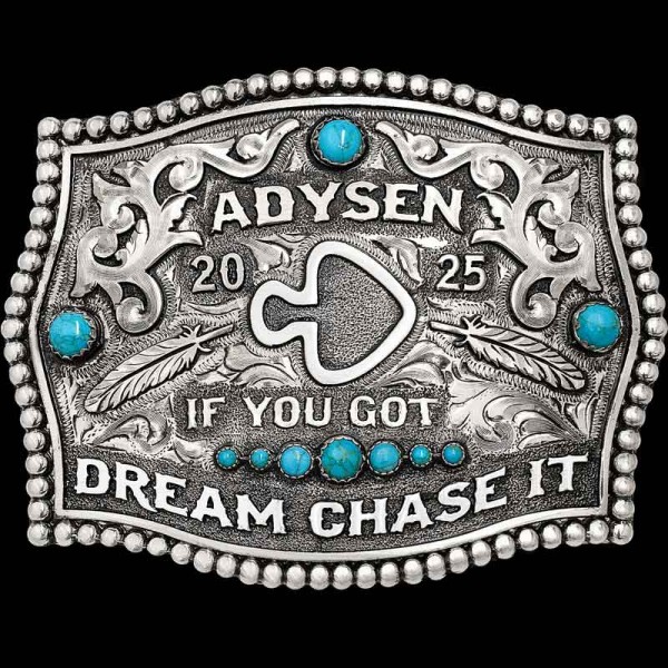 "Our Lindale Belt Buckle is a stunning peice to wear on any belt! With turquoise stones set against a hand engraved, German Silver base, this buckle blends western charm with modern ""country"" style. Our feather elements, beaded 